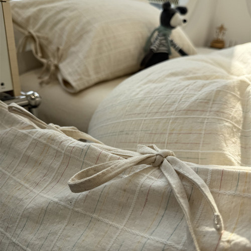 简约亚麻方格子床上民宿四件套