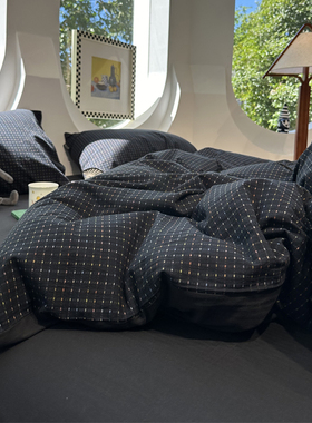 北欧深蓝色波点色织水洗棉提花四件套全棉1.5m1.8米被套床单三件