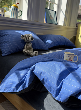 A版纯棉B版宝宝绒北欧风棉加绒蓝色条纹四件套1.5m1.8米秋冬保暖