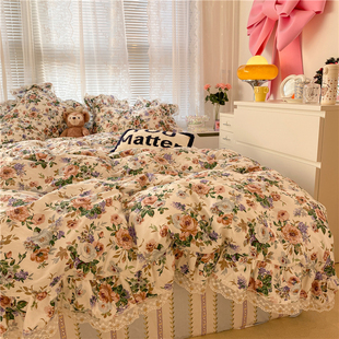 法式 复古蕾丝花边田园风小碎花床上四件套全棉纯棉被套1.5m1.8米