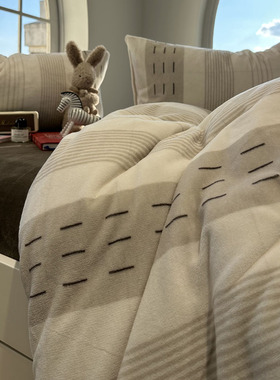 ins秋冬季加厚牛奶绒北欧简约条纹文艺灰色四件套珊瑚绒1.5m1.8米