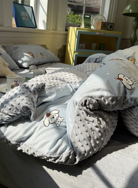 ins冬季A版灯芯绒B版豆豆绒蓝色小熊伙伴床上四件套珊瑚绒1.5m1.8