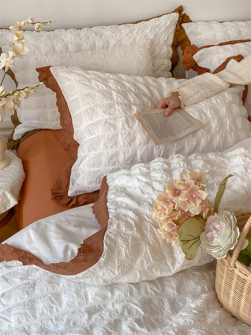 ins唯美韩式花边床上四件套全纯棉云朵泡泡纱文艺慵懒气质水洗棉