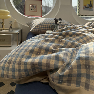 日式 水洗棉提花卡布奇诺蓝床上四件套全棉1.5m1.8公寓被套三件套