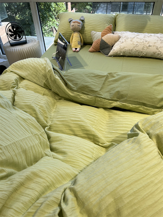 ins果绿色泡泡纱韩式床上四件套全棉纯棉1.5m1.8米被套床单公主风