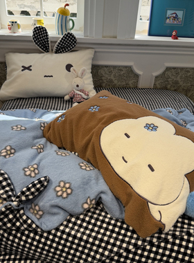 ins秋冬季加厚保暖蓝色花花兔羊毛绒刺绣牛奶绒四件套珊瑚绒1.5m