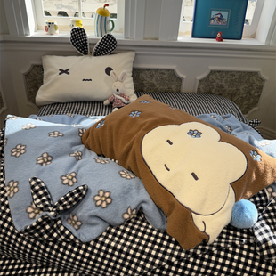 ins秋冬季加厚保暖蓝色花花兔羊毛绒刺绣牛奶绒四件套珊瑚绒1.5m