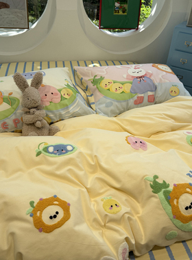 ins卡通美式磨毛毛巾绣条纹豌豆黄色四件套全棉纯棉1.5m1.8米秋冬