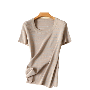 2024新款超火cec夏装冰丝针织衫T恤女短袖圆领套头韩版显瘦上衣潮