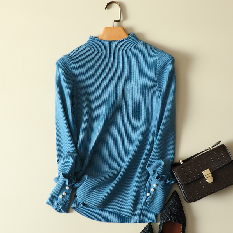 春装新款半高领纯色毛衣女木耳边钉珠洋气针织衫显瘦打底弹力上衣