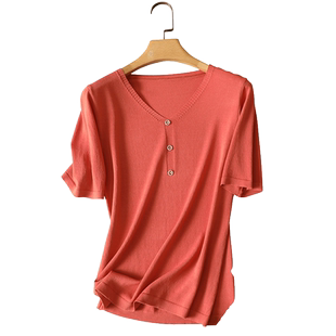 V领短袖冰丝针织衫t恤女夏季2024新款橘红色宽松显瘦打底上衣女薄