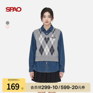 新品 2026年春季 SPAO韩国同款 女士学院菱格针织马甲 WOODIE系列