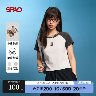 女士時(shí)尚 SPAO韓國(guó)同款 2025年夏季 新品 休閑小熊刺繡圓領(lǐng)T恤