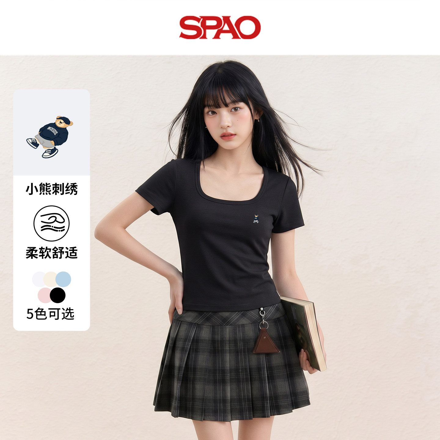 【WOODIE系列】SPAO韩国小熊初夏黑色韩版上衣女士别致方领短袖A