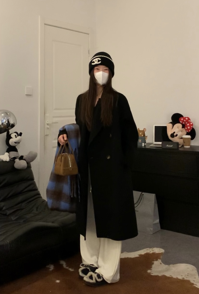 黑色羊毛大衣显瘦气质双面尼外套