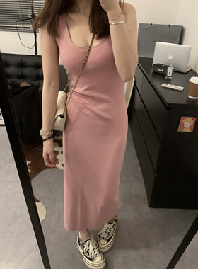 Viiwen 纯欲百搭 长款休闲针织显瘦修身背心连衣裙无袖打底吊带裙