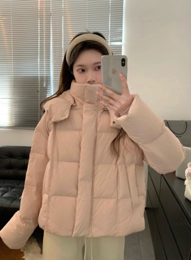 Viiwen 云朵泡芙 0压感保暖90白鸭绒连帽立领短款显瘦粉色羽绒服