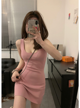 Viiwen纯欲好比例 显瘦黑色短款针织裙长款修身背心吊带裙连衣裙