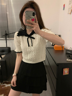 钩花撞色减龄气质白色小香风针织短袖 Viiwen 少女感精zhi翻领短款