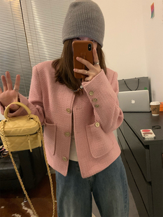 小外套 Viiwen 香香粉 少女粉甜美气质羊毛质感粉色小香风短款 法式