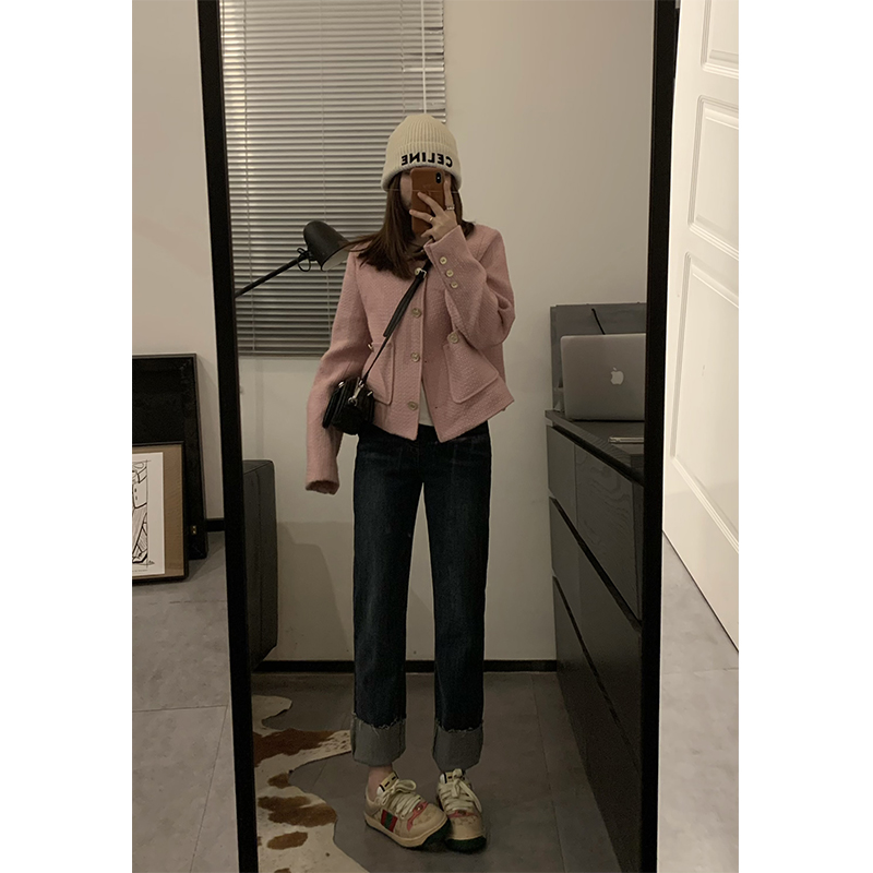 百搭弹力复古翻边直筒牛仔休闲裤