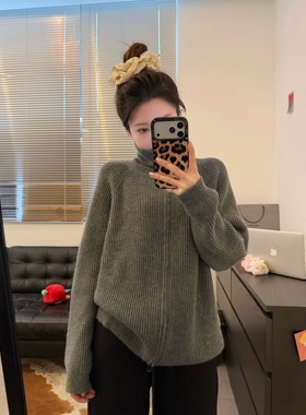 Viiwen 实穿主义 极简纯色立领慵懒韩系显瘦灰色拉链毛衣外套早春