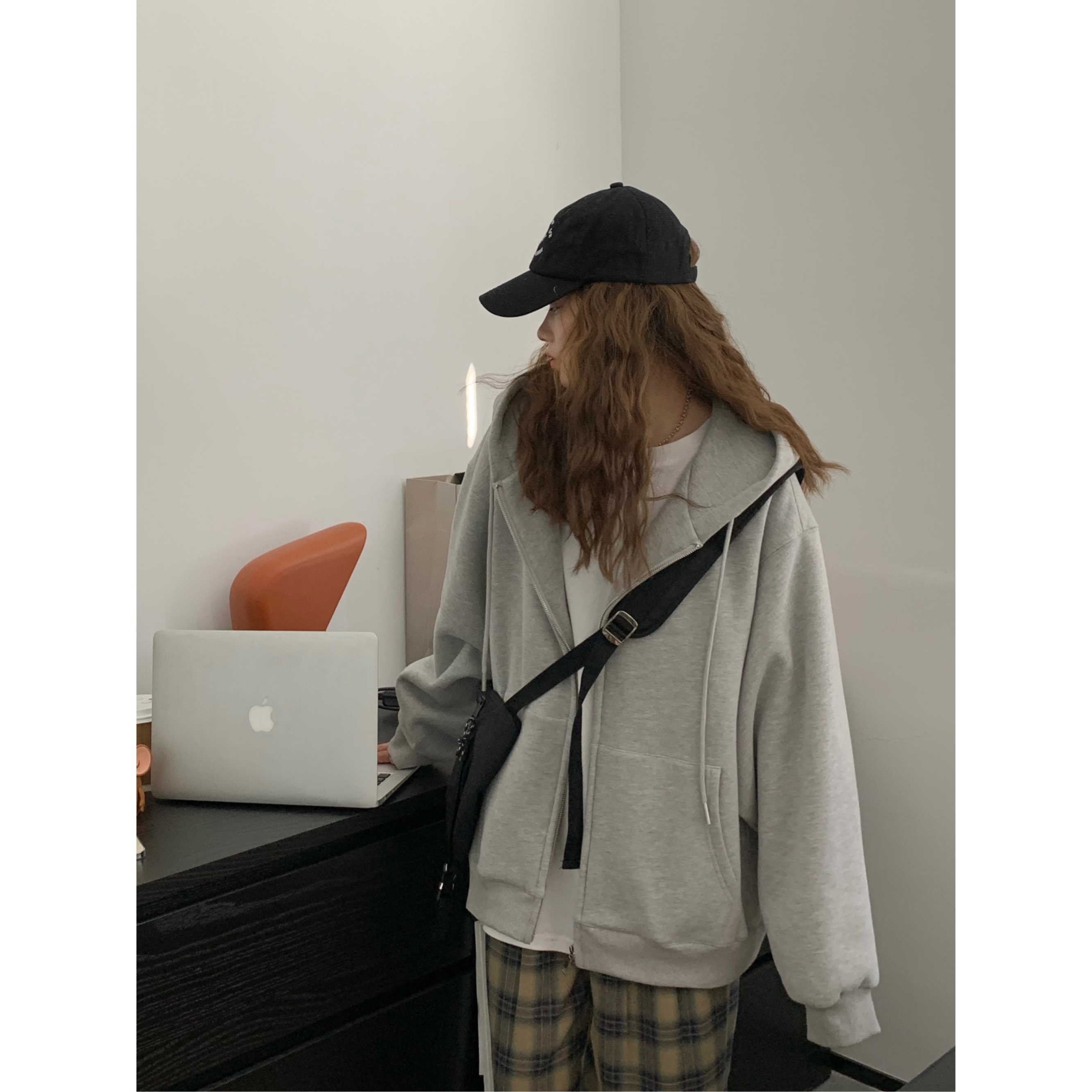 viiwen 秋冬bi备 加绒oversize宽松显瘦连帽拉链灰色卫衣开衫外套