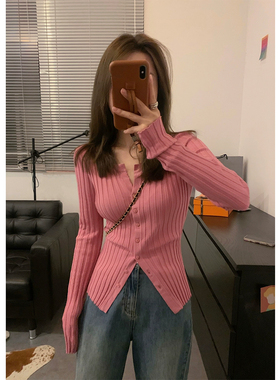 Viiwen 秋季C位针织 显瘦A4腰开叉竖条针织衫 圆领温柔内搭打底衫