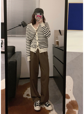 viiwen 经典条纹控 叠穿单穿都可 软糯糯V领条纹针织开衫小外套