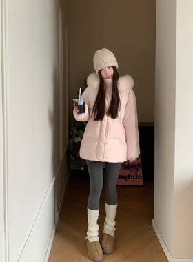 Viiwen 雪国精灵 真狐狸毛领中长款保暖收腰连帽90白鸭绒羽绒服韩