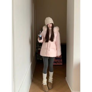 Viiwen 雪国精灵 真狐狸毛领中长款保暖收腰连帽90白鸭绒羽绒服韩