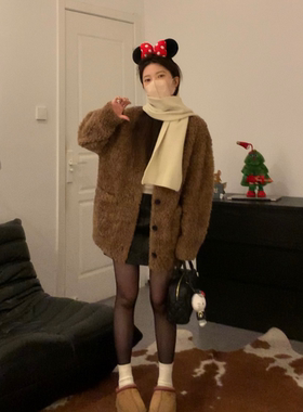 Viiwen 暖冬抱抱小棕熊 保暖棕色开襟式羊毛皮毛一体仿羊羔毛外套