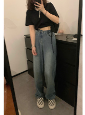 viiwen 时髦复古蓝很好看 水洗慵懒直筒显瘦阔腿拖地高腰牛仔裤女