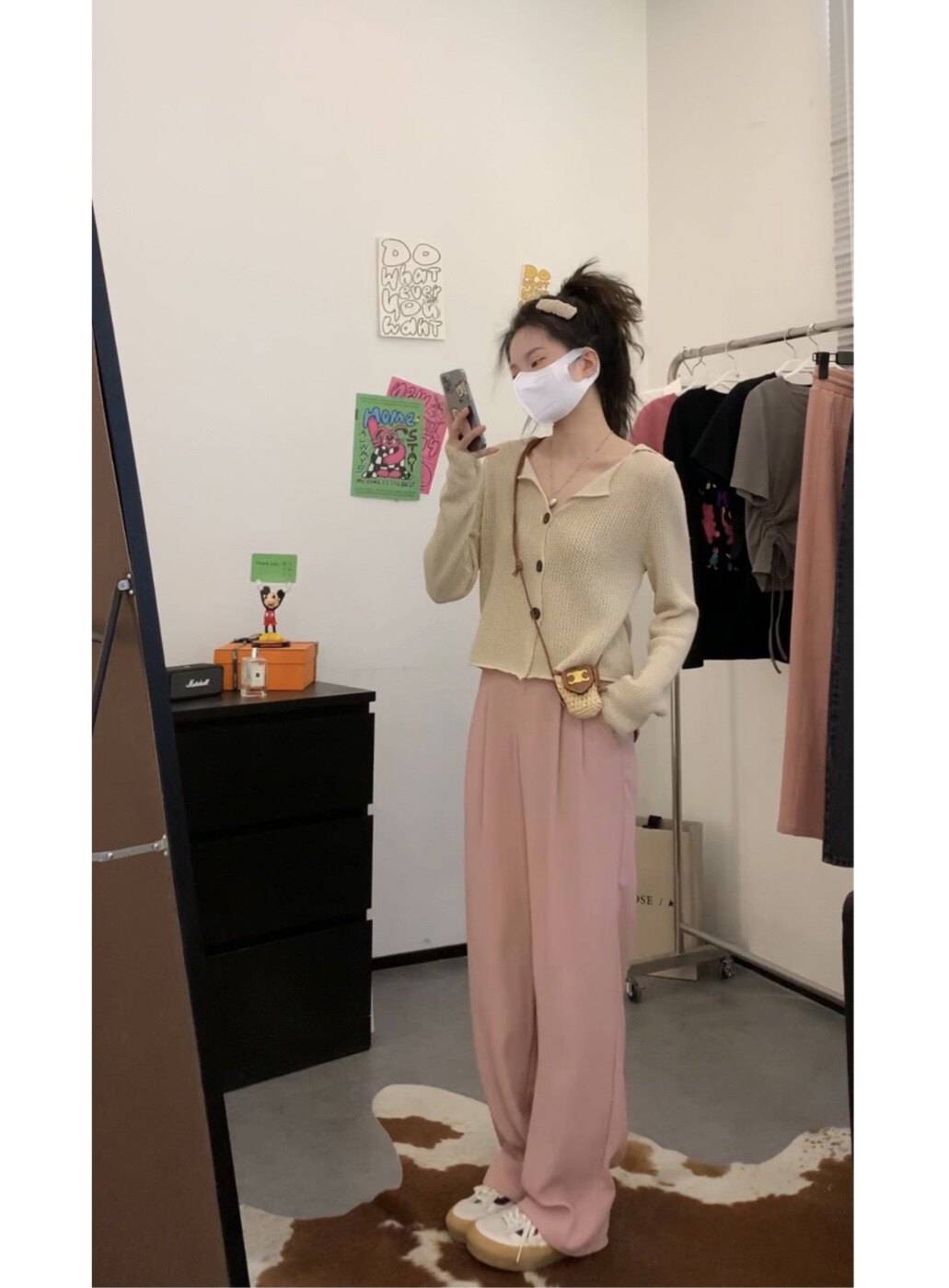 Viiwen显瘦UP 韩版小个子 高腰微拖地宽松垂感直筒粉色西装休闲裤
