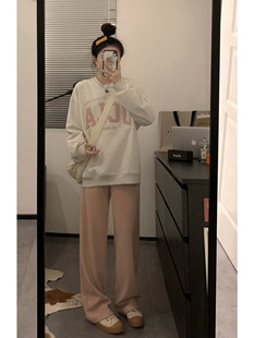 女 很好穿丝绒感竖坑条显瘦高腰松紧直筒休闲裤 Viiwen bi入粉粉裤