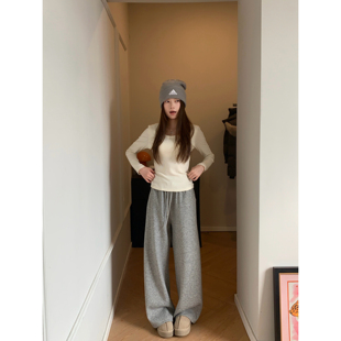 Viiwen 松弛soft 慵懒灰色加厚羊毛加绒阔腿烫钻闪闪显瘦休闲裤冬
