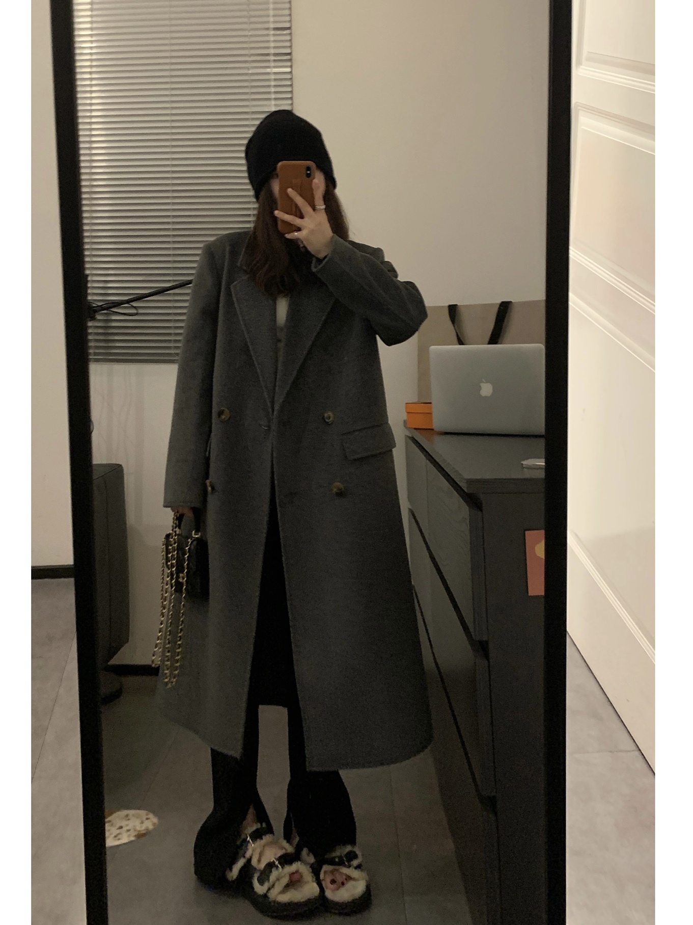 Viiwen开场正肩灰色长款毛呢大衣