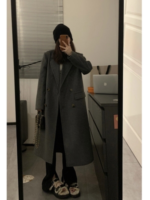 Viiwen开场正肩灰色长款毛呢大衣