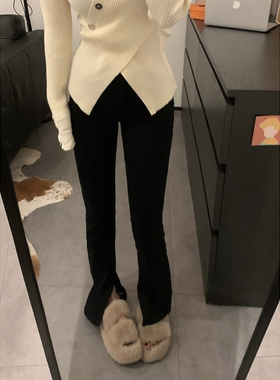 Viiwen筷子腿PS拉腿裤 显瘦高腰弹力开叉百搭黑色休闲加绒牛仔裤