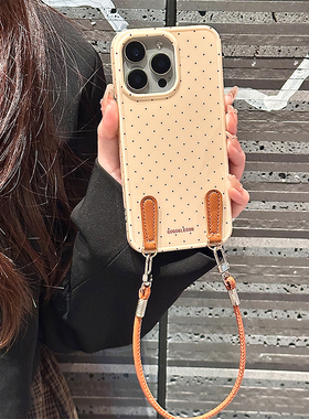 酷图适用苹果16promax手机壳新款黄色波点带挂绳iphone15保护套女款13全包防摔简约14pro网红超好看15pm超火