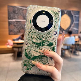 酷图适用华为mate60pro+手机壳新款pura70pro+高级个性闪粉玫瑰青蛇mate60pro创意苹果16Pro防摔女款潮15