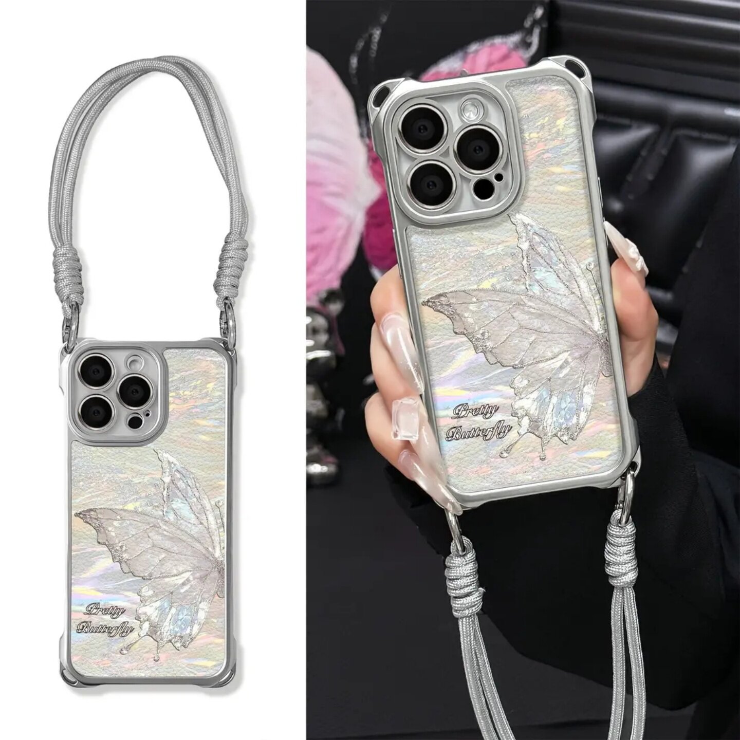 适用苹果17promax手机壳新款iPhone17炫彩蝴蝶16prox电镀羊皮15全包防摔14斜跨四角挂绳13高级感小众女保护套