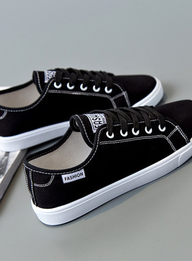 帆布鞋女港风清新款平底学生休闲板鞋韩版百搭透气小白鞋女小黑鞋