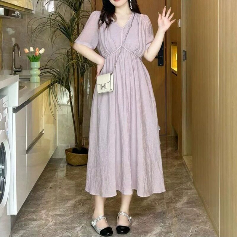 法式气质高级感连衣裙女夏季大码胖mm显瘦藏肉遮肚子收腰V领裙子