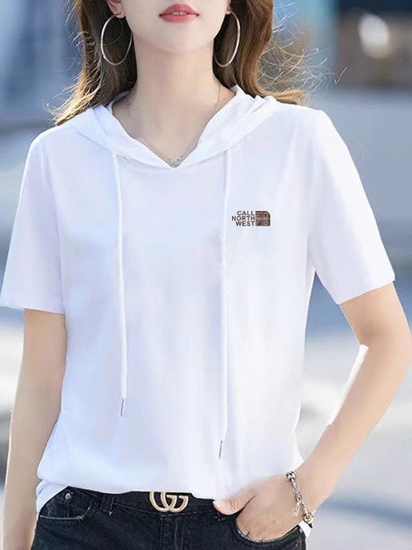 白色简单短袖t恤女子纯棉连帽夏季2025新大尺寸胖毫米苗条宽松上
