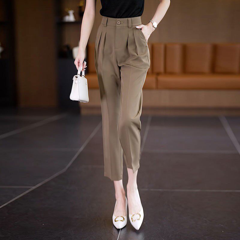 卡其色哈伦裤女2025新款夏季职业女裤高腰西装裤九分直筒烟管裤子