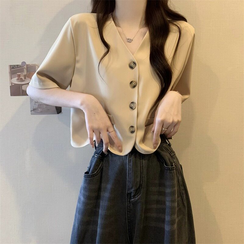 正肩宽松短袖西装衬衫女夏季薄款设计感小众小个子显瘦短款上衣