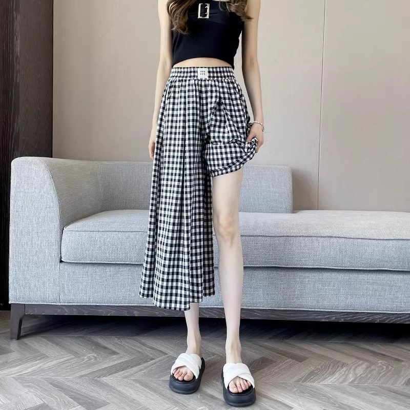 八分格子阔腿裤女夏季薄款2025年新款高腰松紧腰裤子七分休闲 ??