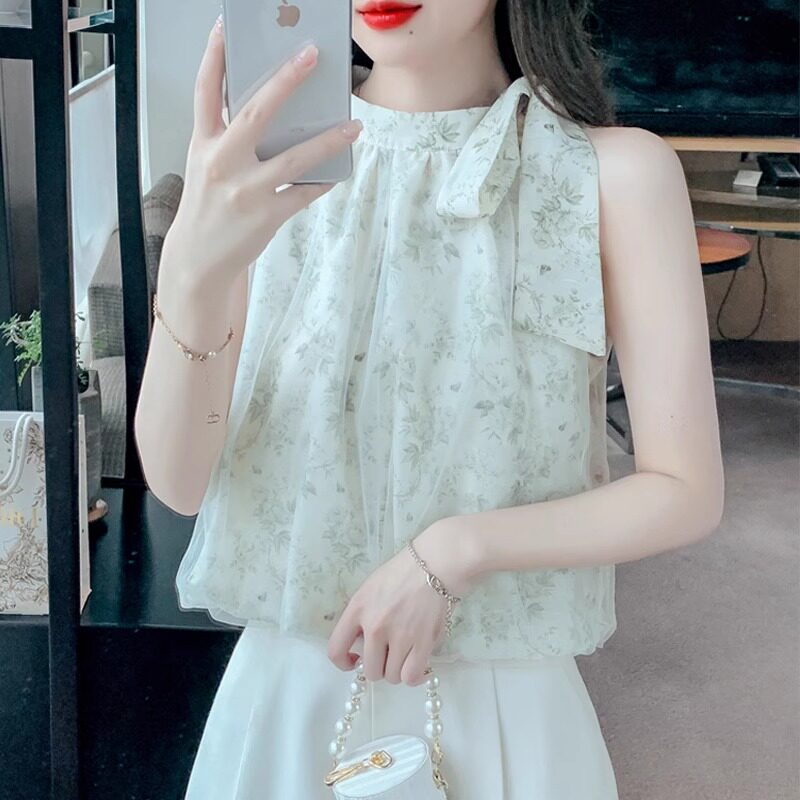 法式复古蝴蝶结挂脖雪纺衫女夏别致无袖碎花衬衫宽松显瘦通勤上衣