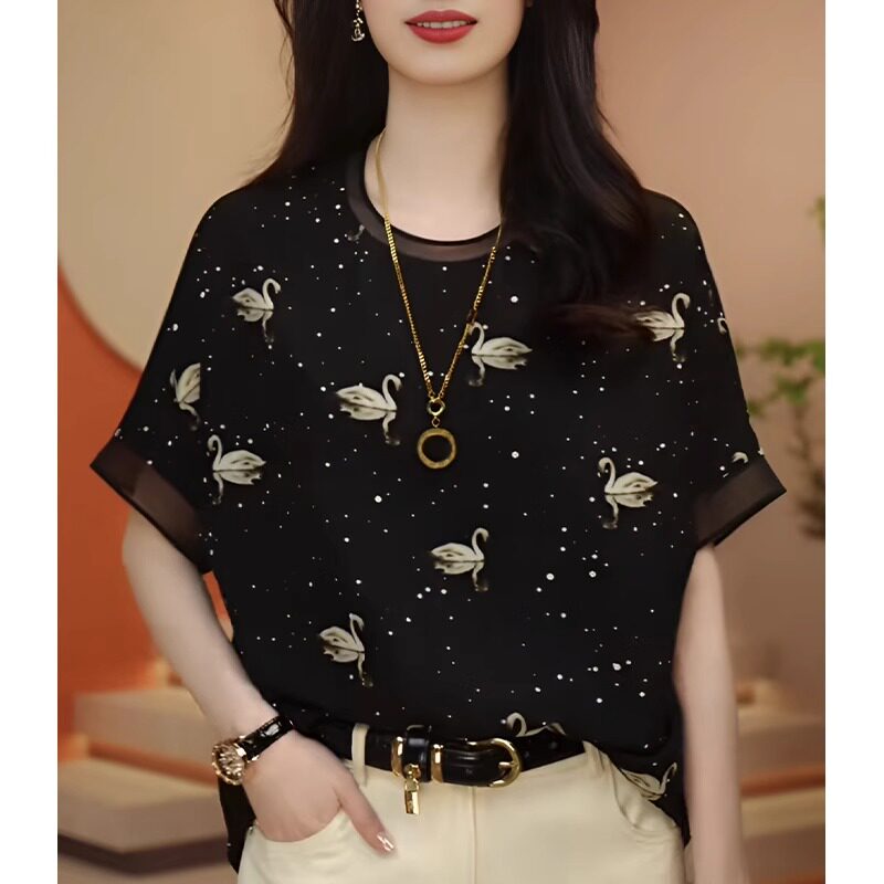 雪纺波点小衫女短袖夏季妈妈大码宽松洋气时尚t恤圆领印花上衣夏